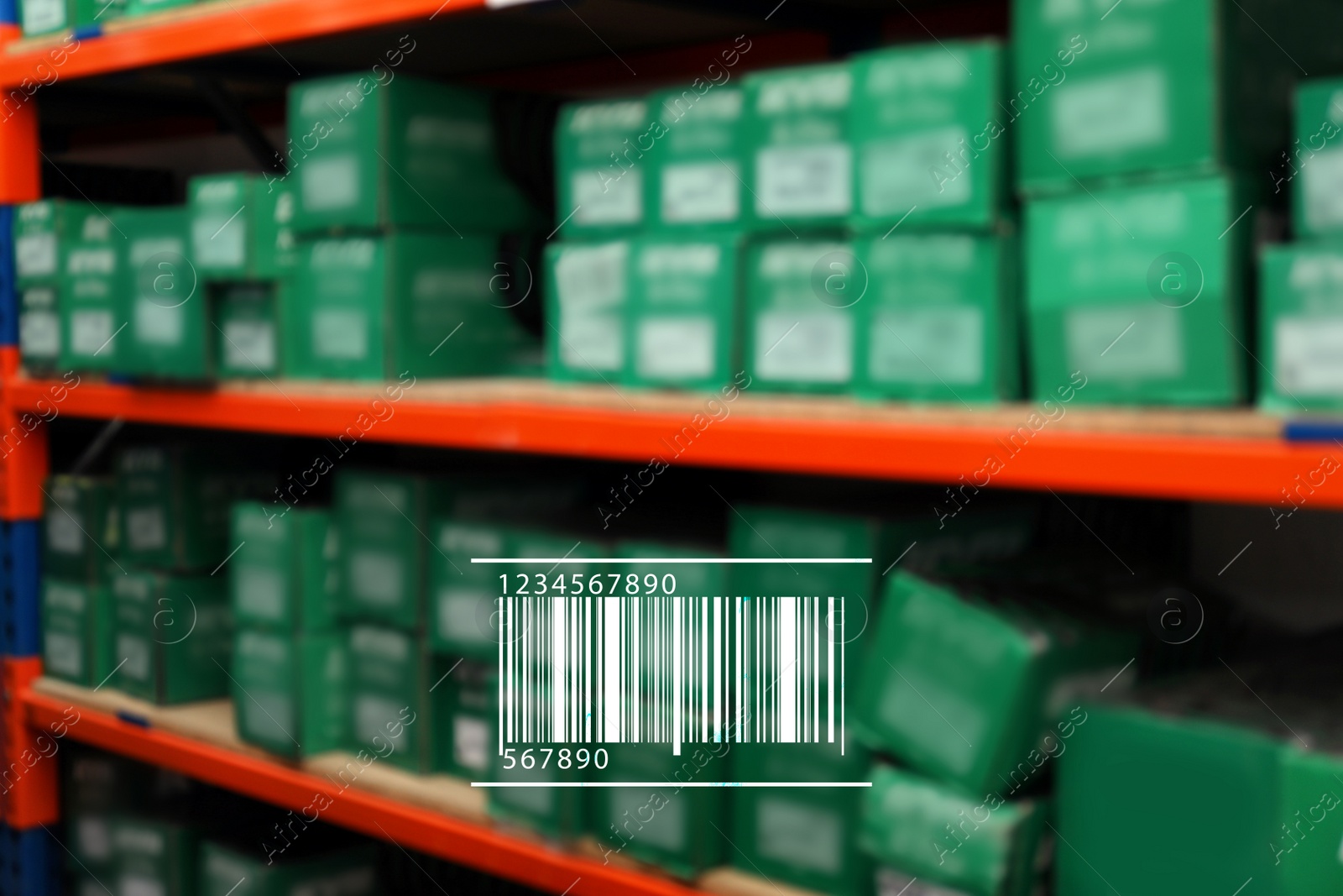 Image of Barcode and blurred view of modern wholesale shop with merchandise 