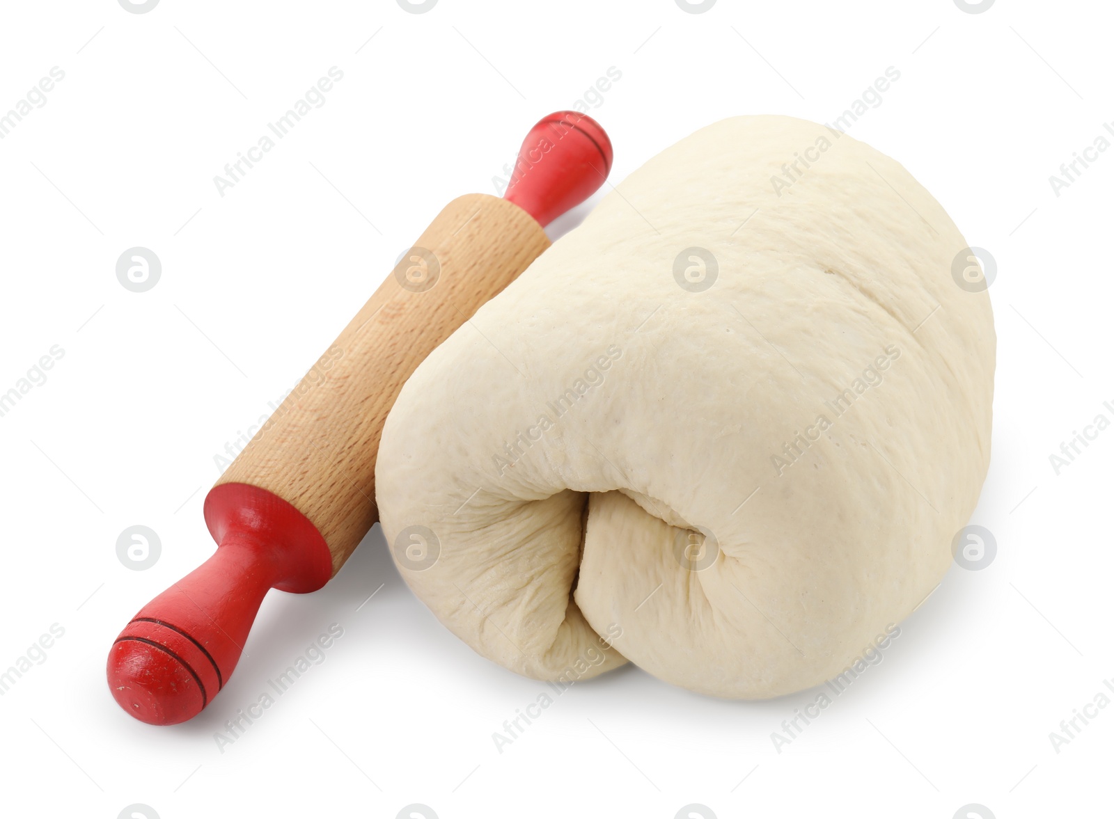 Photo of Raw dough and rolling pin isolated on white