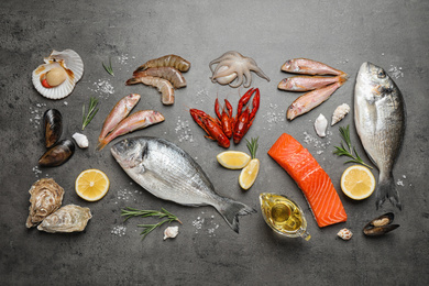 Fresh fish and seafood on grey table, flat lay
