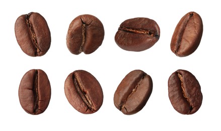 Image of Set with aromatic roasted coffee beans on white background