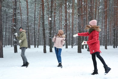 Happy family playing snowballs in winter forest