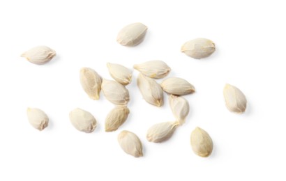 Photo of Many seeds of tangerine isolated on white, top view