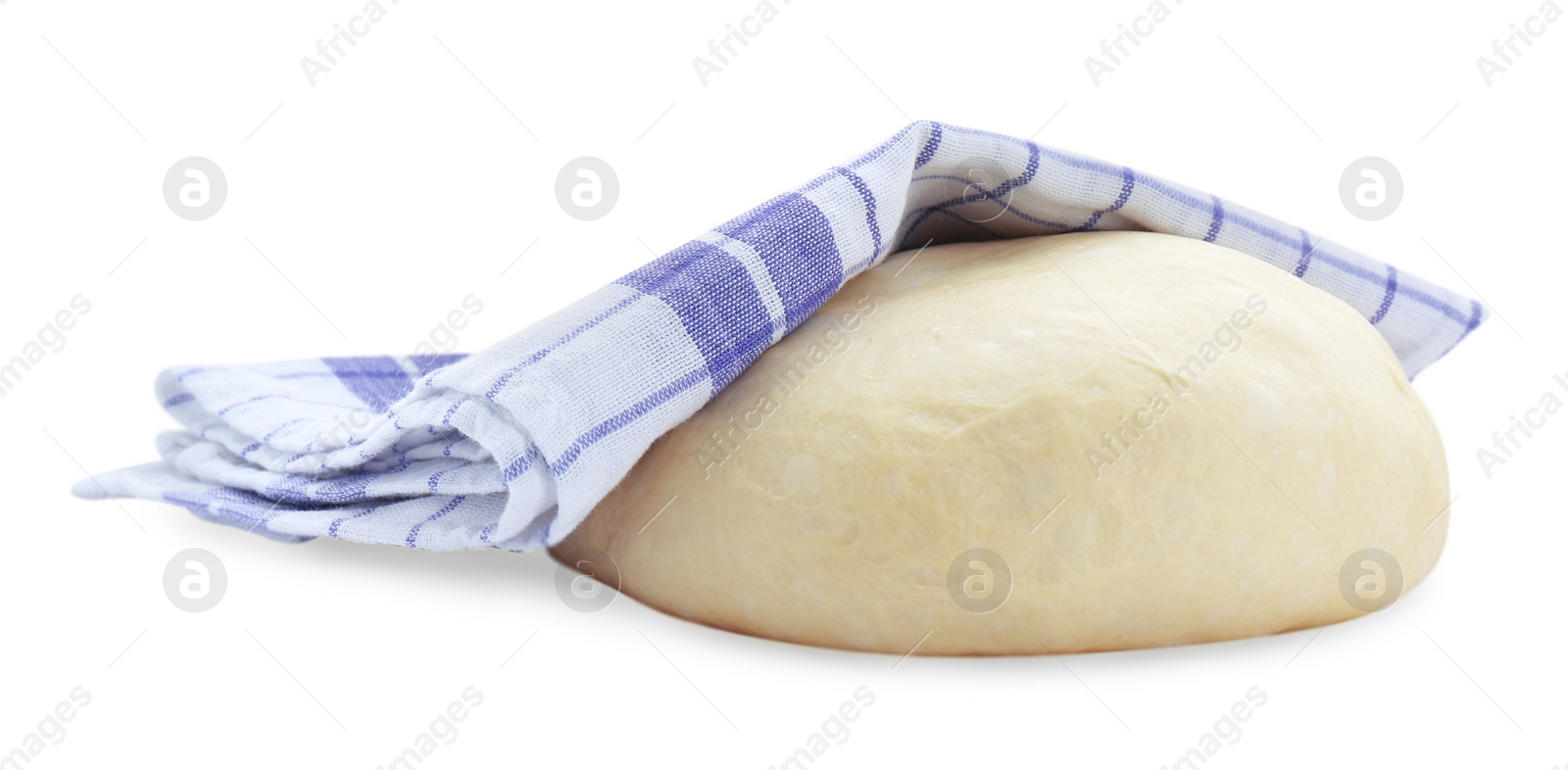 Photo of Fresh yeast dough and towel isolated on white