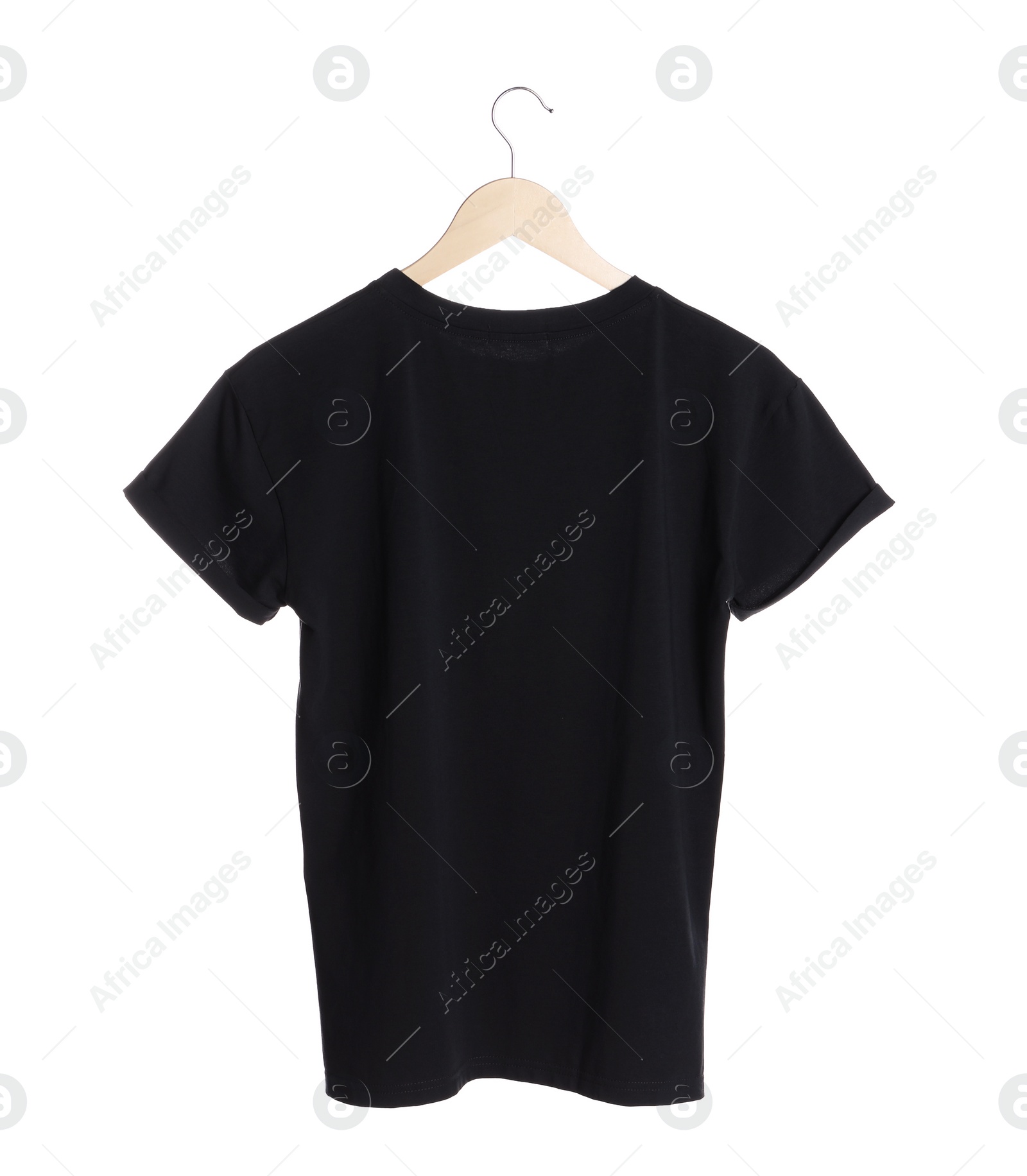 Photo of Hanger with stylish black t-shirt on white background, back view