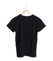 Photo of Hanger with stylish black t-shirt on white background, back view