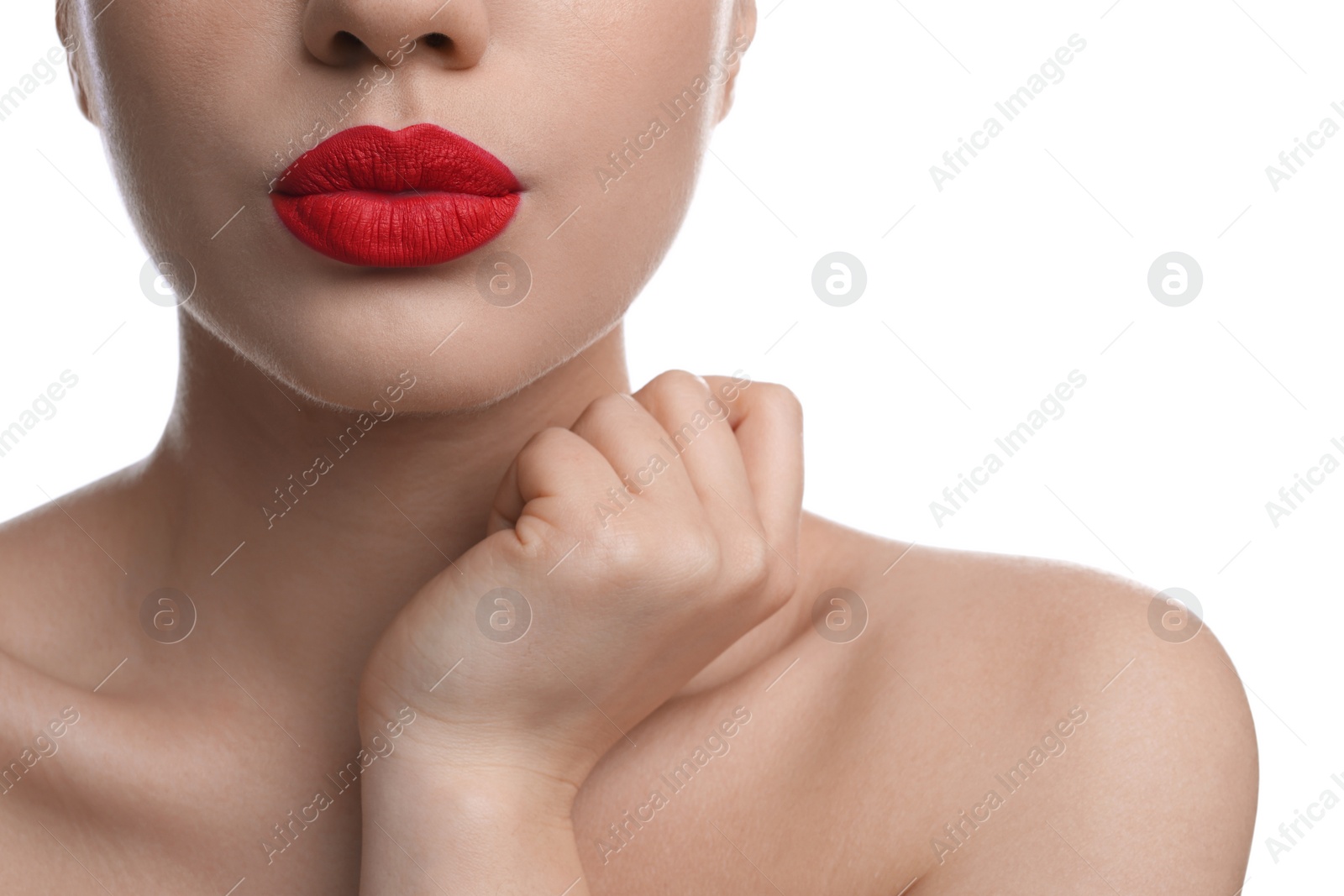 Photo of Closeup view of woman with beautiful full lips on white background