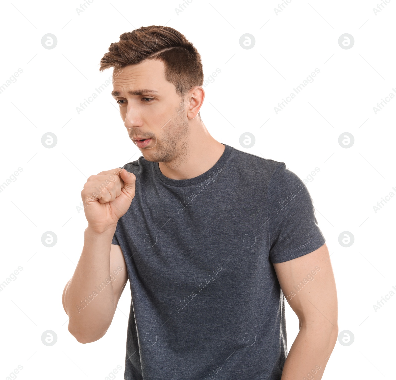 Photo of Young man coughing on white background