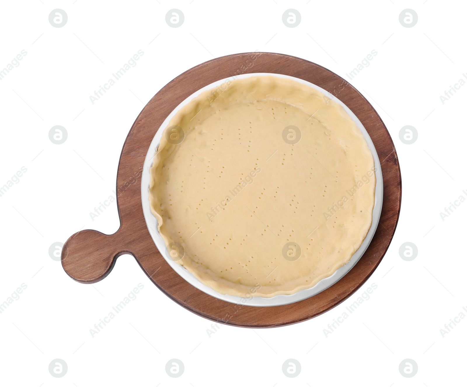 Photo of Quiche pan with fresh dough isolated on white, top view