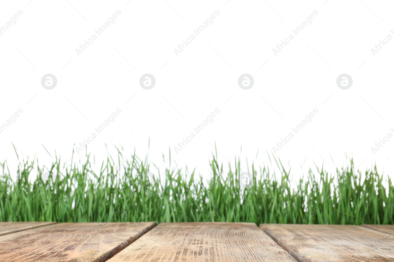 Photo of Wooden deck and green grass isolated on white