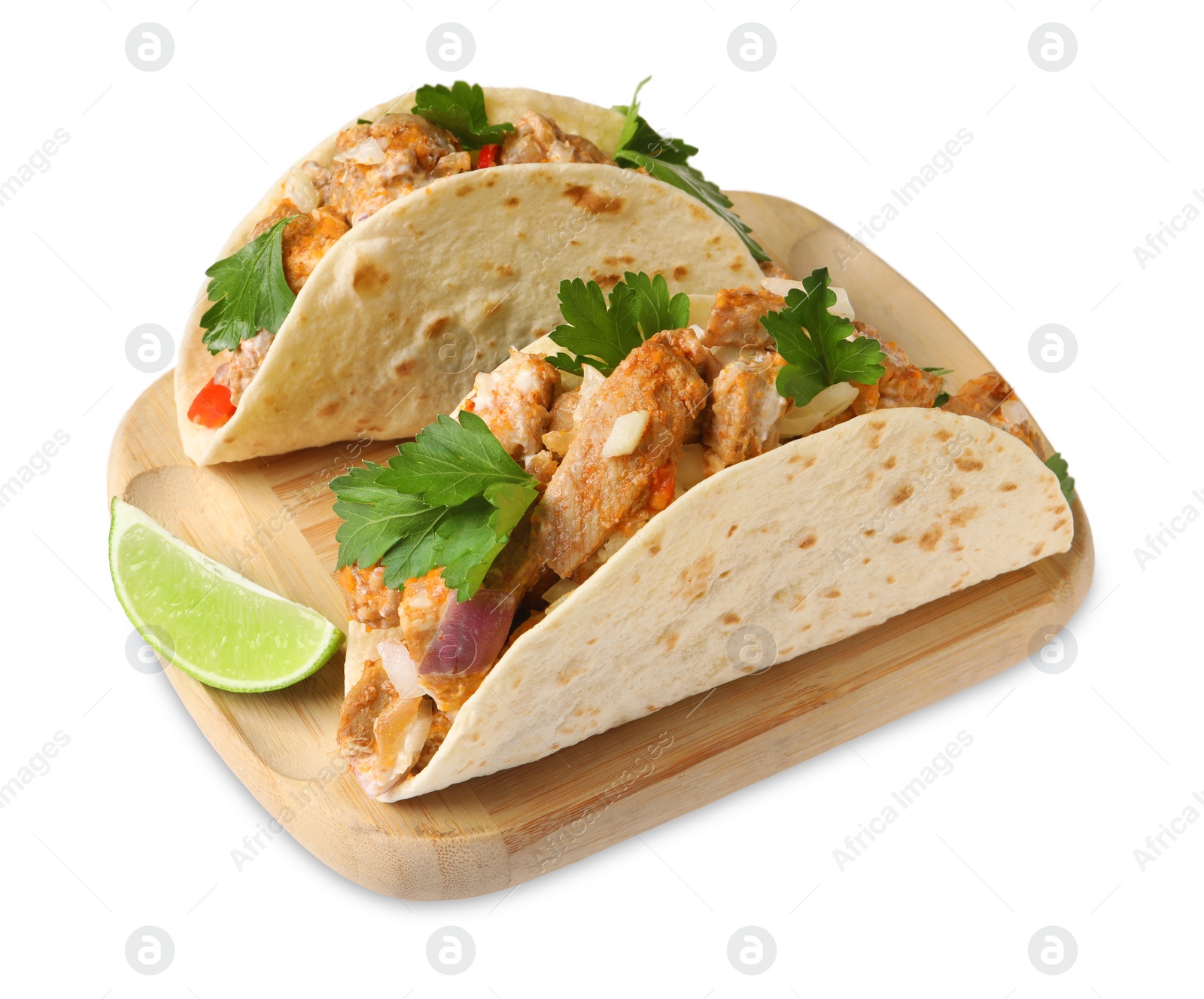 Photo of Delicious tacos with meat and parsley isolated on white