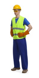 Young man wearing safety equipment on white background