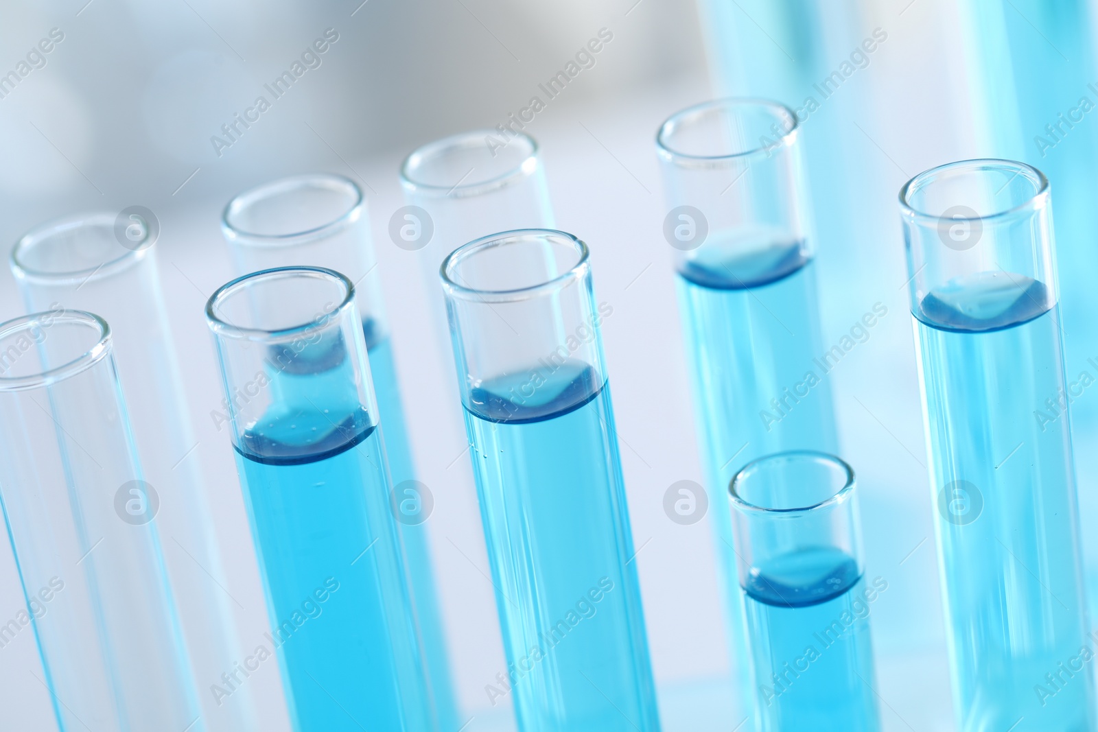 Photo of Test tubes with light blue liquid in laboratory, closeup