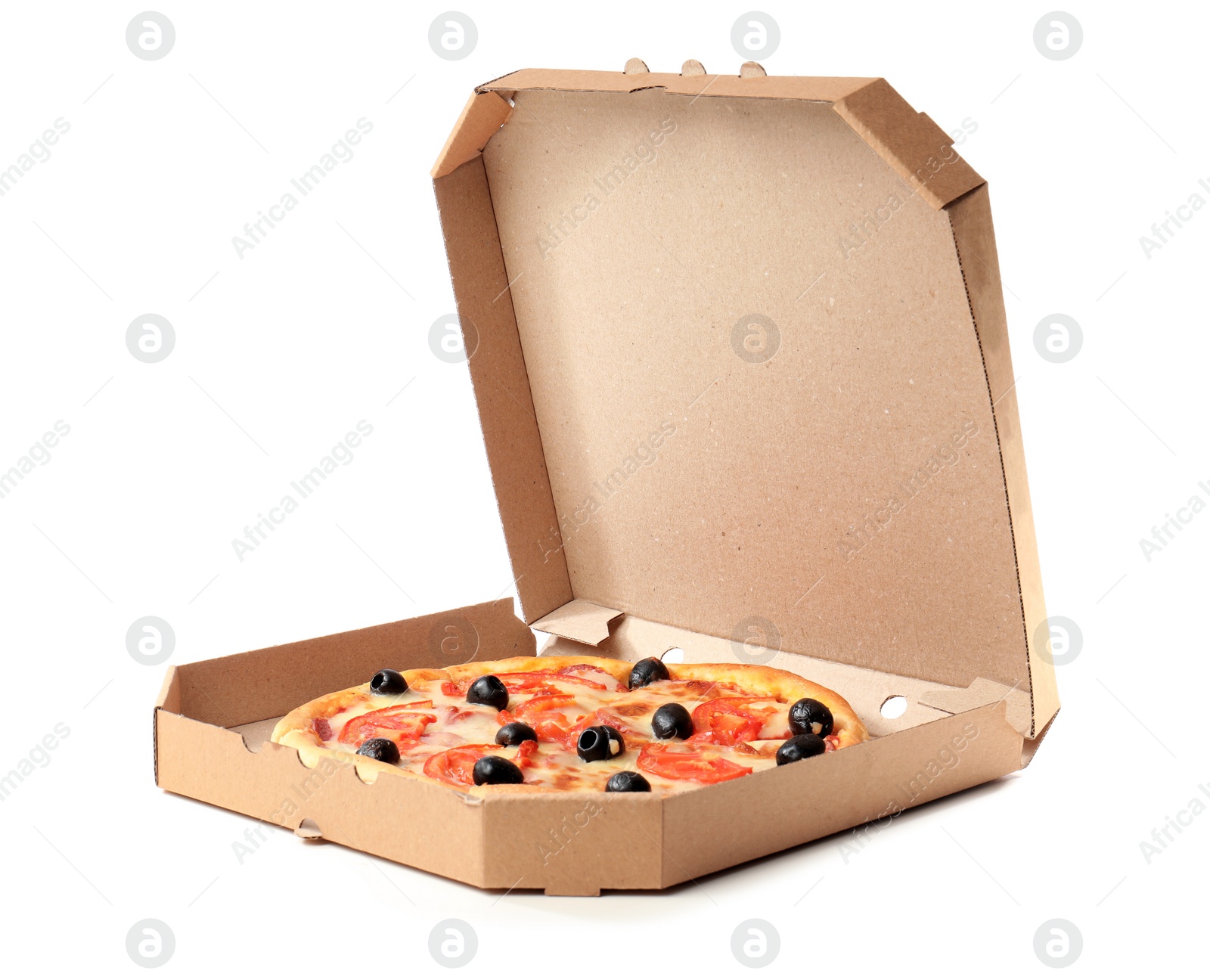 Photo of Open cardboard box with delicious pizza on white background. Food delivery