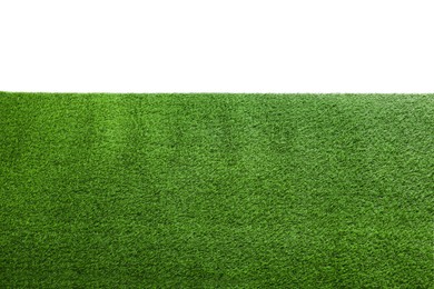 Photo of Green artificial grass surface isolated on white