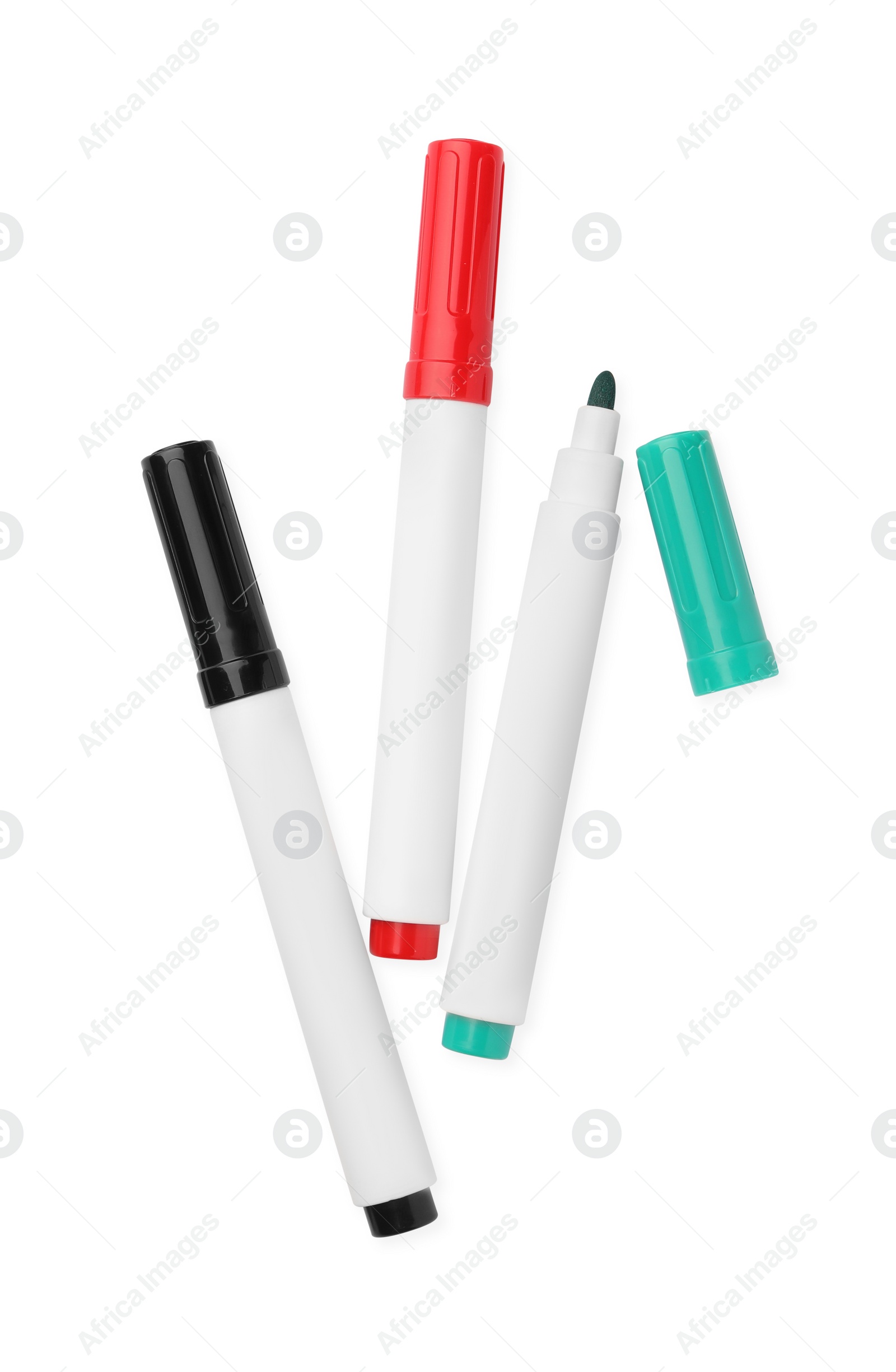 Photo of Bright color markers isolated on white, top view. School stationery