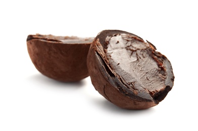 Photo of Delicious raw chocolate truffle on white background