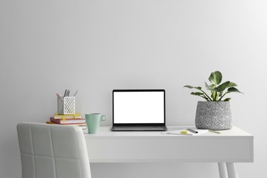 Stylish workplace with laptop, houseplant, stationary and cup on table near white wall