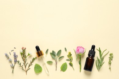 Photo of Bottle of essential oil, pipette, different herbs and rose flower on beige background, flat lay. Space for text