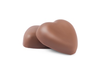 Photo of Beautiful heart shaped chocolate candies on white background