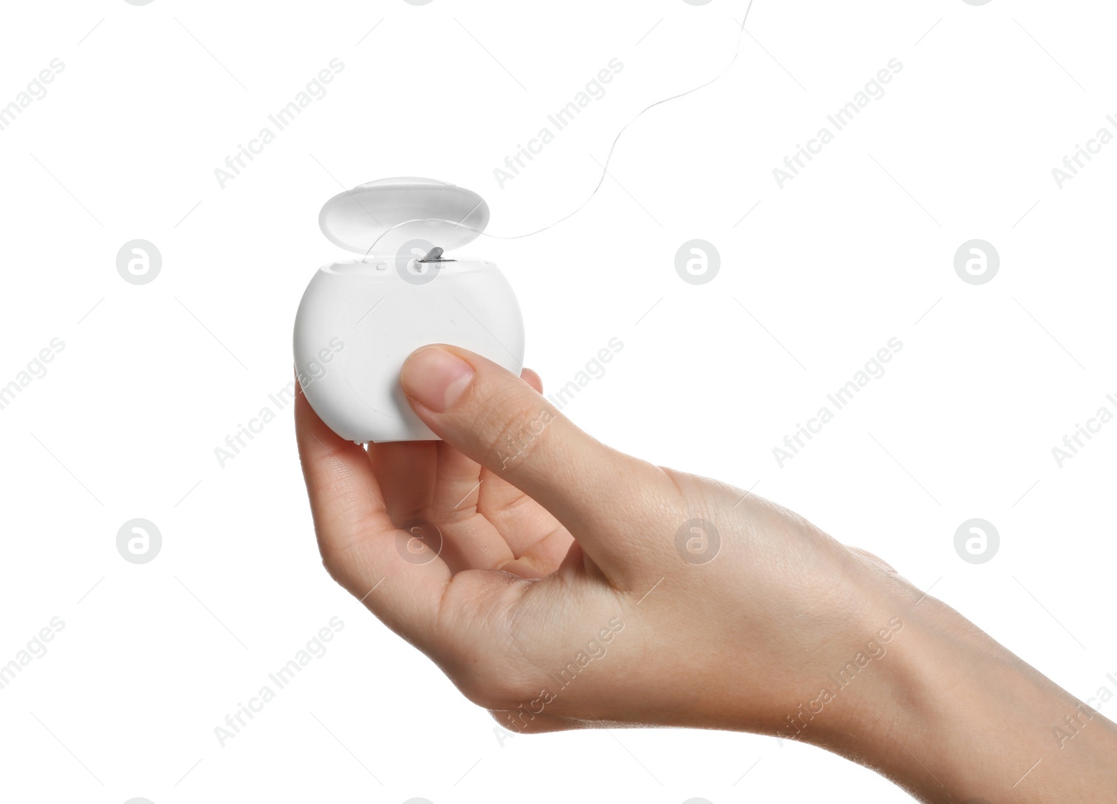 Photo of Woman holding dental floss on white background. Mouth and teeth care