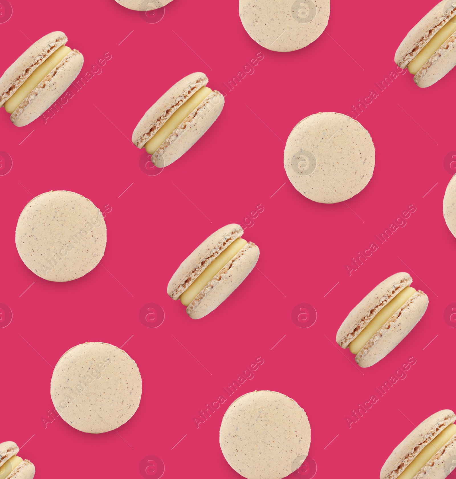Image of Delicious macarons on pink background, flat lay 