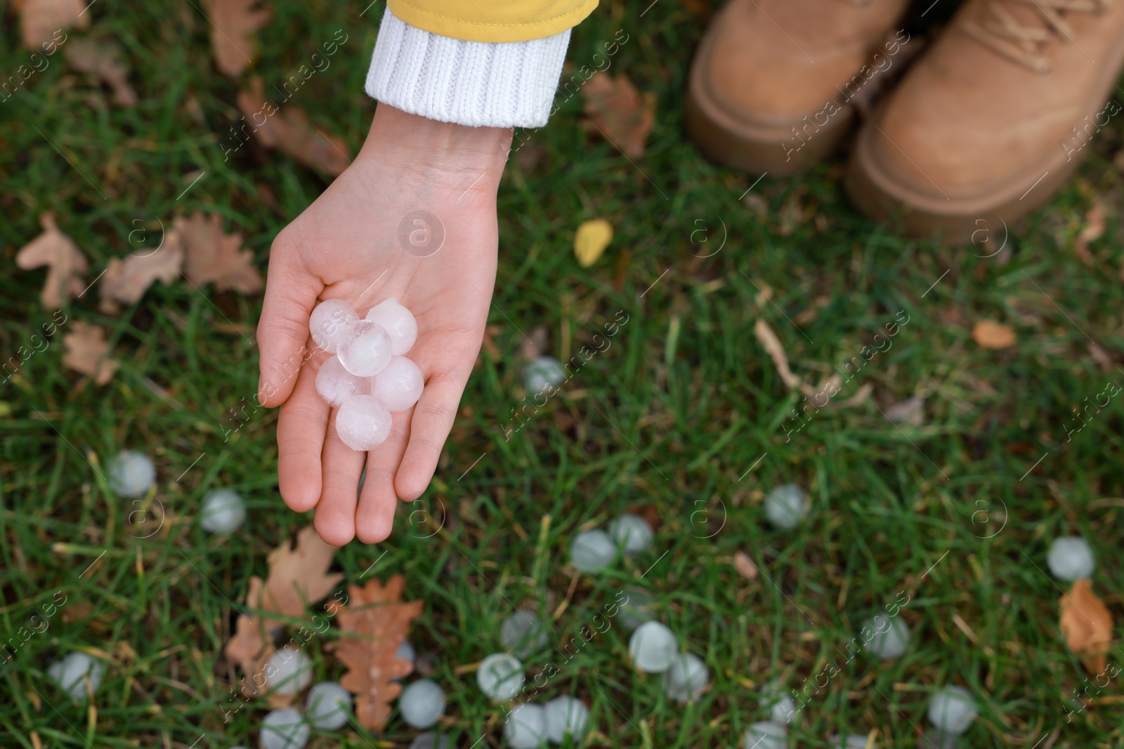 Photo of Woman holding hail grains after thunderstorm outdoors, closeup