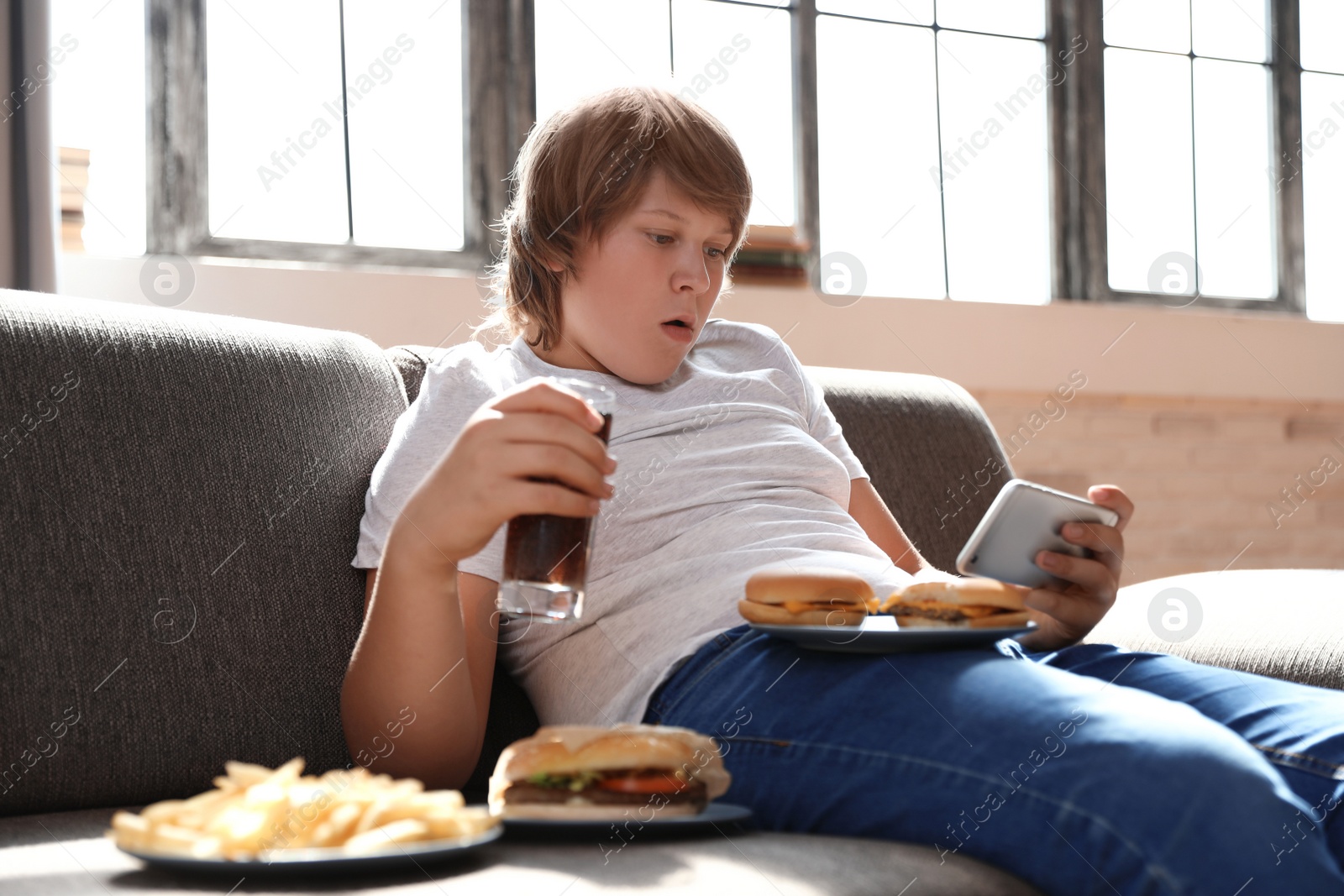 Photo of Overweight boy with fast food on sofa at home