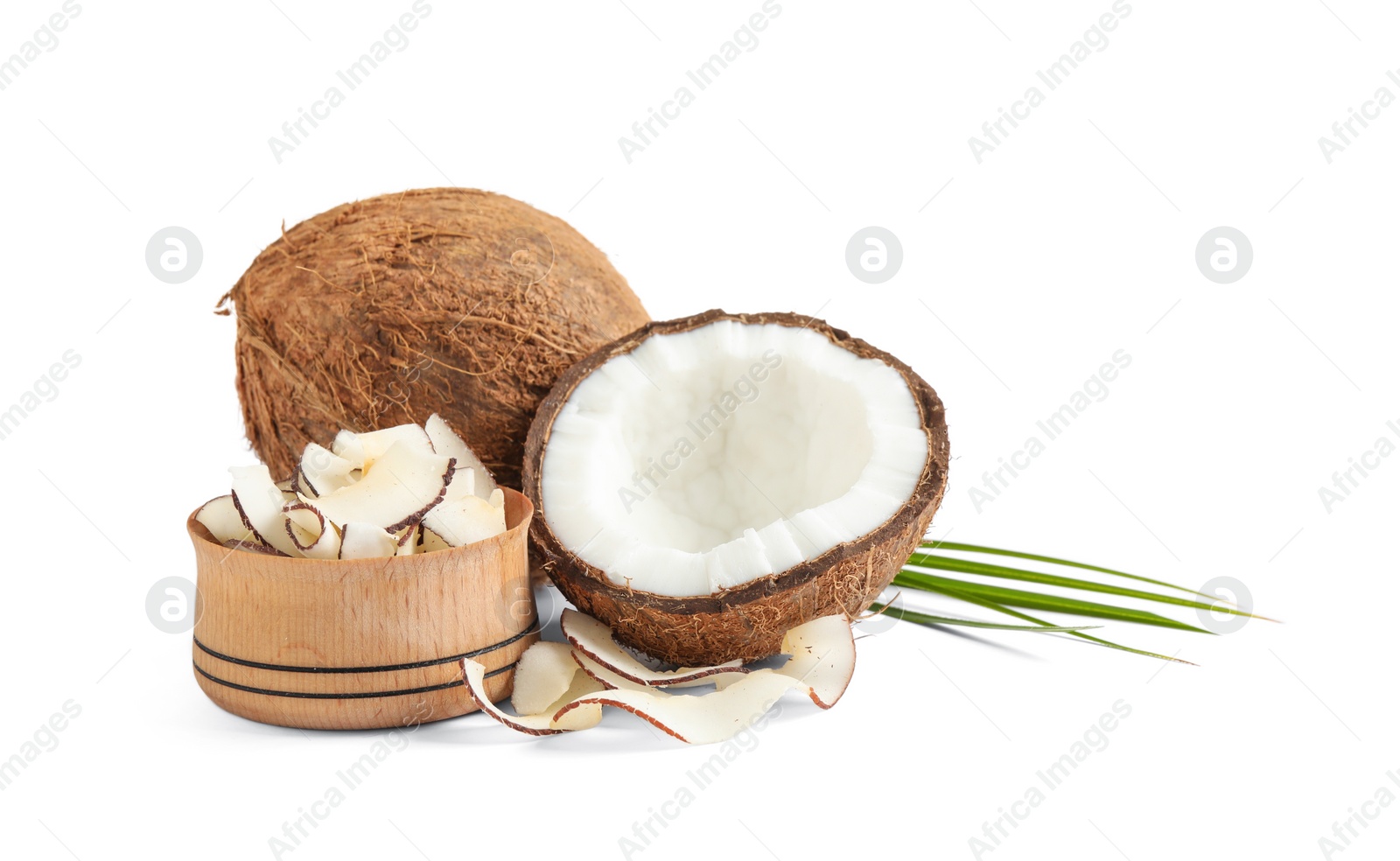 Photo of Composition with tasty coconut chips on white background