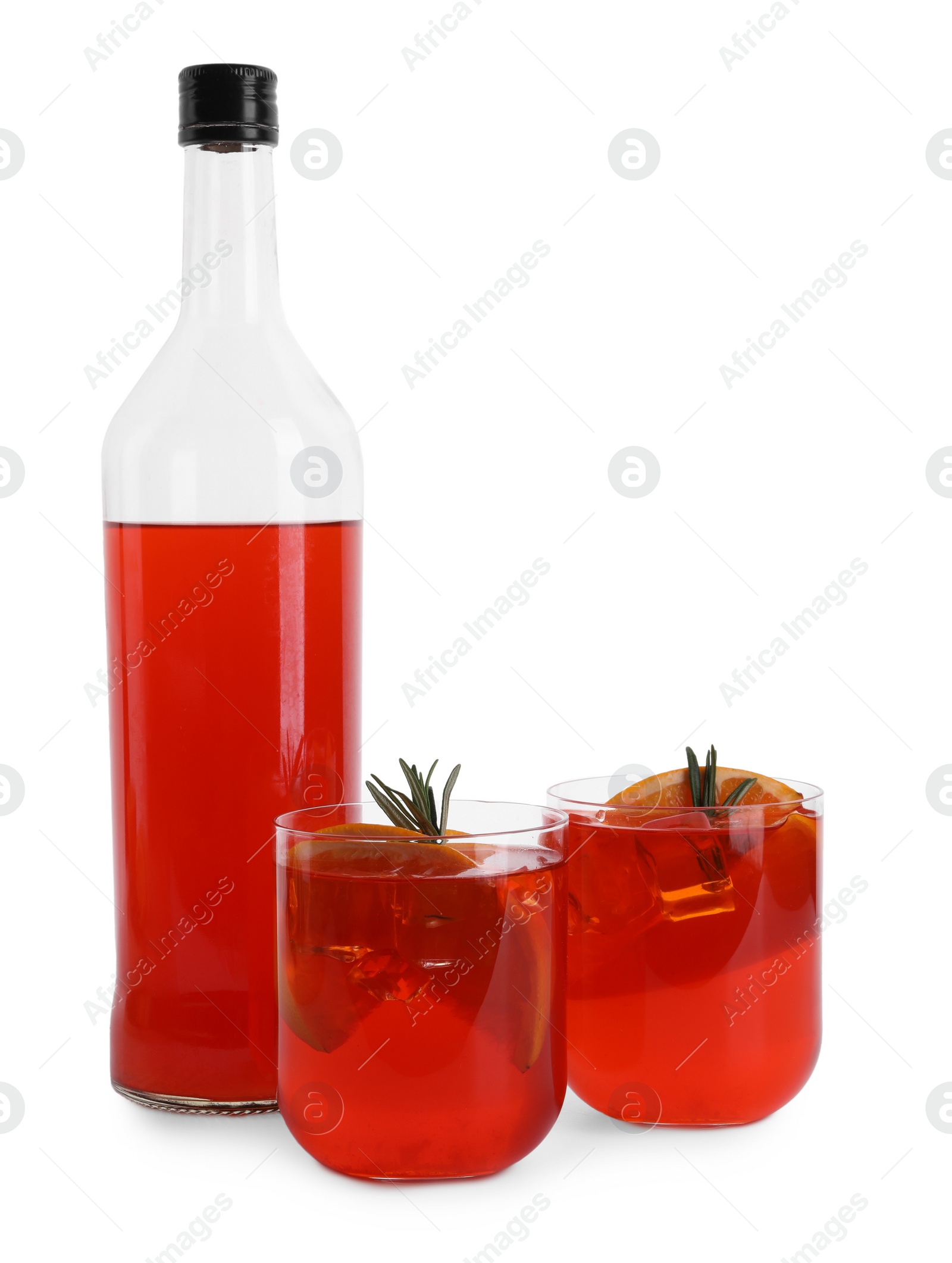 Photo of Aperol spritz cocktail, orange slices and rosemary in glasses isolated on white