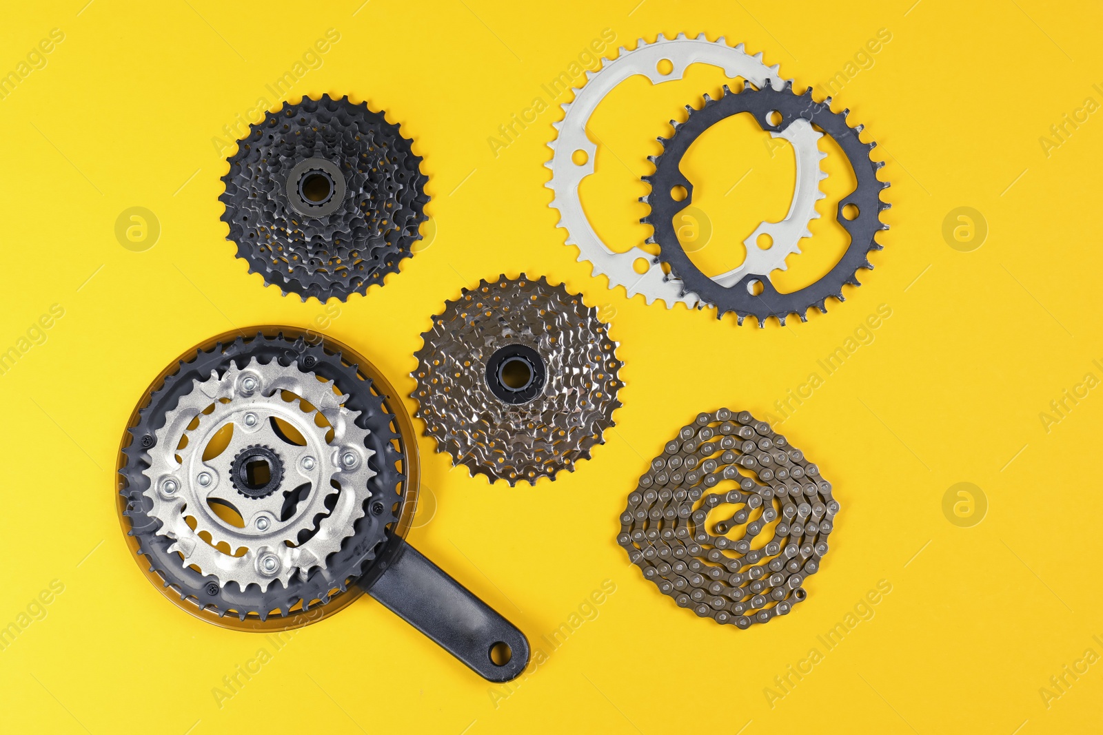 Photo of Set of different bicycle parts on color background, flat lay