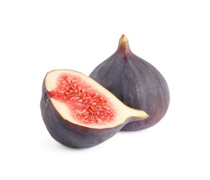 Photo of Whole and cut ripe figs isolated on white
