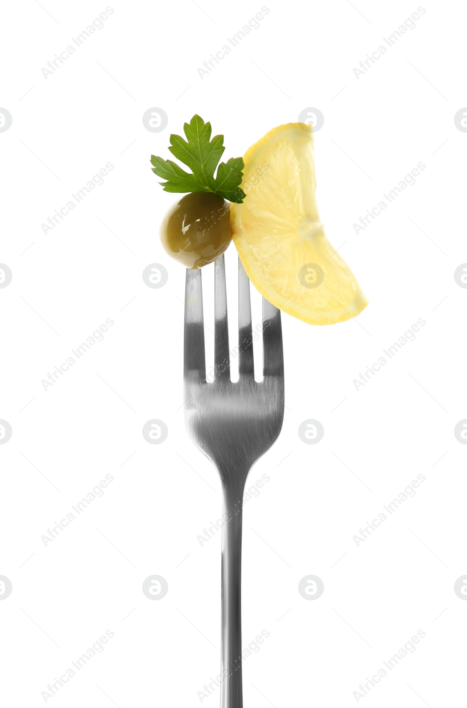 Photo of Fork with tasty olive, parsley and lemon isolated on white