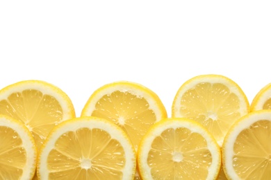 Photo of Juicy lemon slices on white background, top view. Citrus fruit