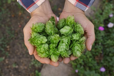Photo of Man holding fresh green hops outdoors, top view