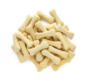 Photo of Bone shaped dog cookies on white background, top view