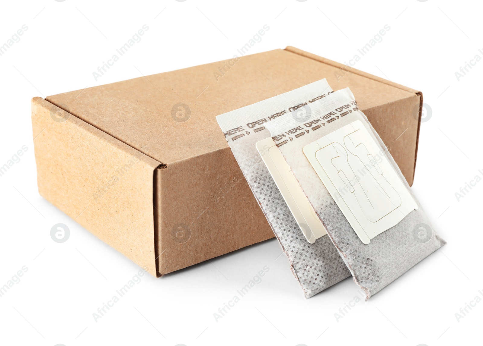 Photo of Drip coffee paper bags and box isolated on white