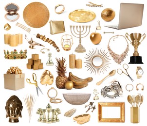 Image of Set of different items in gold color on white background