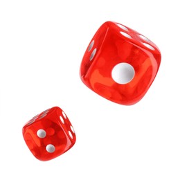 Image of Two red dice in air on white background