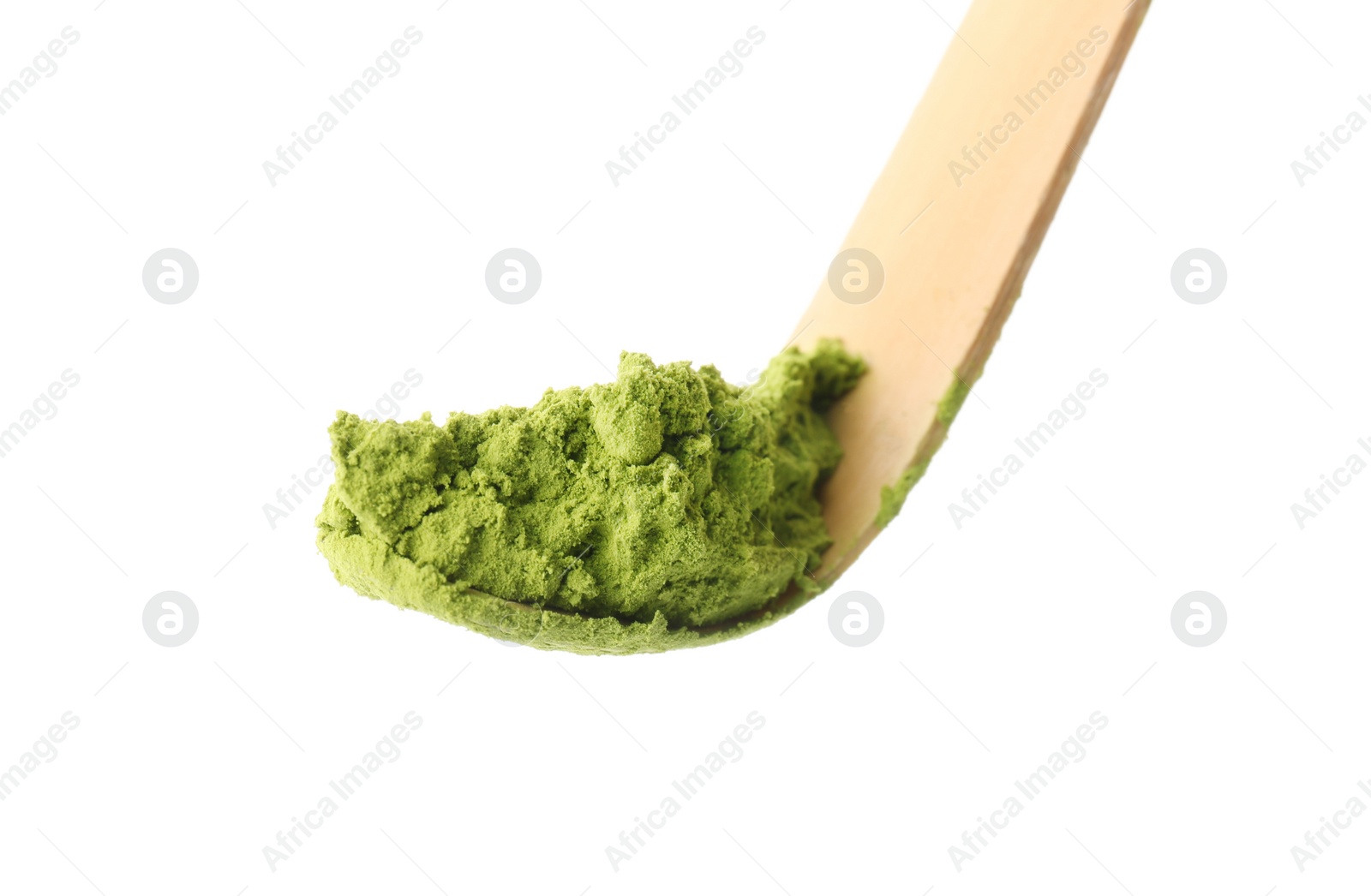 Photo of Matcha spoon with powdered green tea on white background