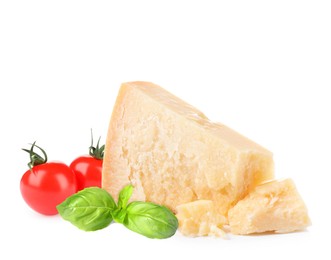 Image of Delicious parmesan cheese, cherry tomatoes and basil on white background