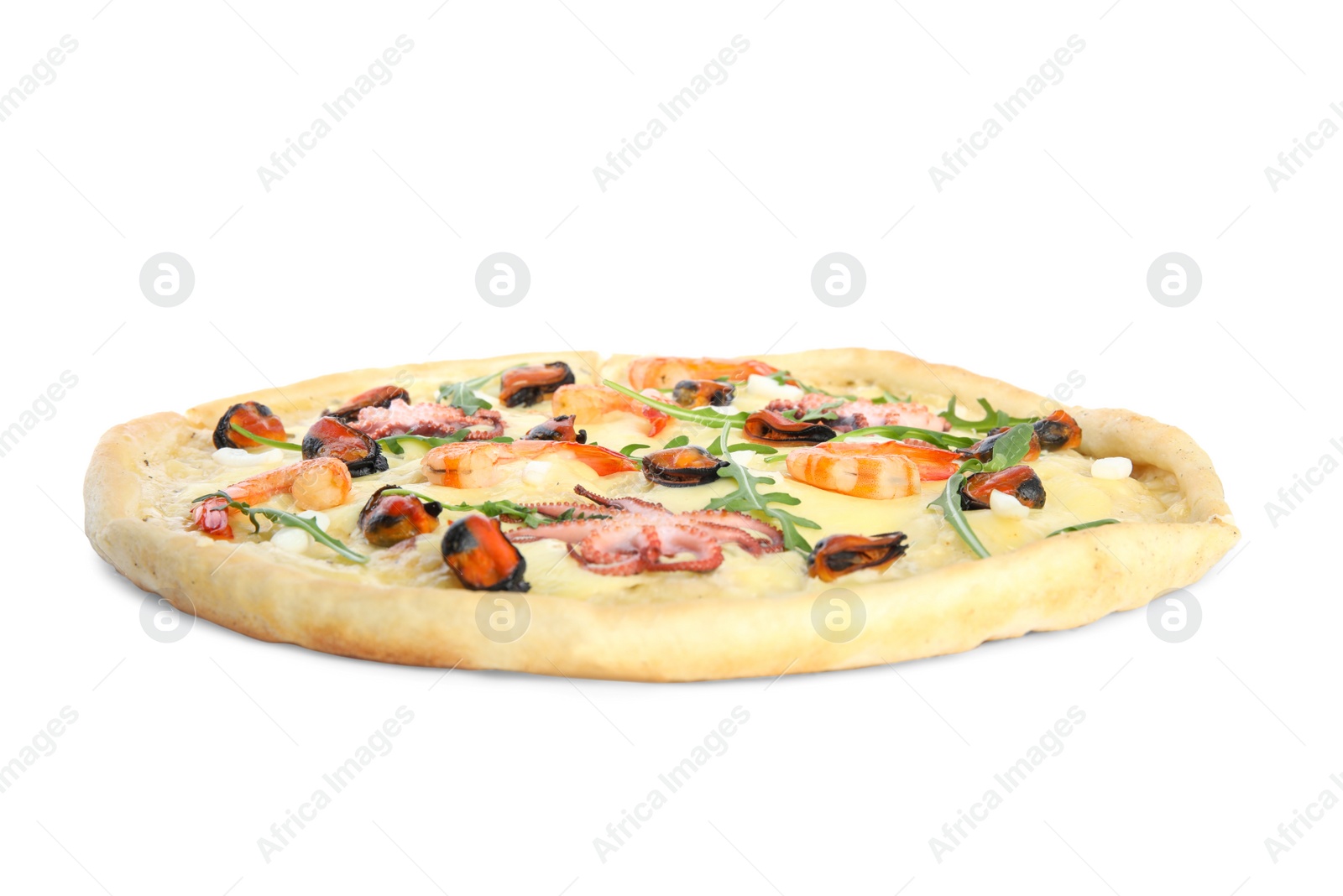 Photo of Hot delicious seafood pizza isolated on white
