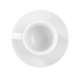 Photo of Ceramic cup with saucer isolated on white, top view