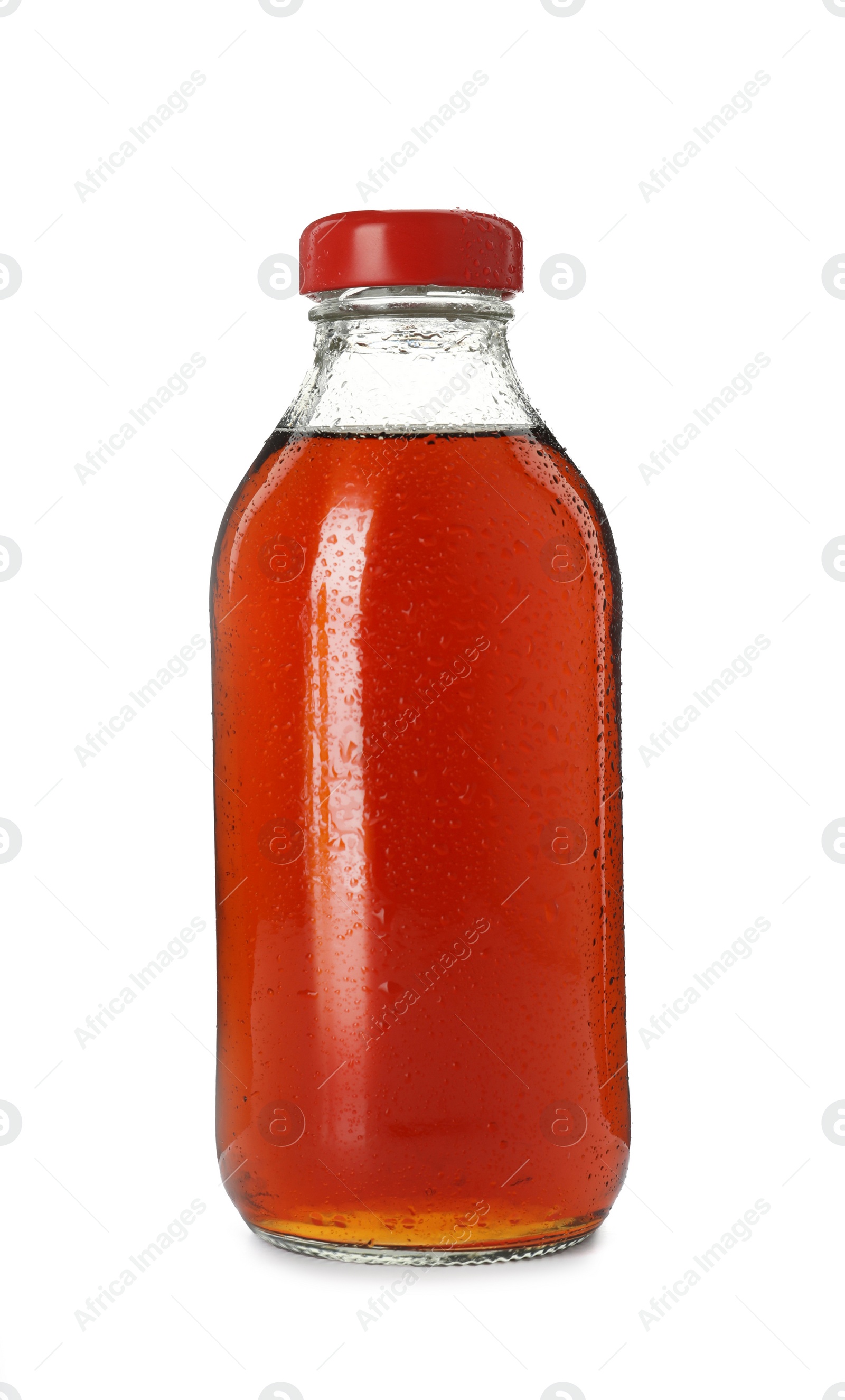 Photo of Glass bottle of delicious kvass isolated on white. Refreshing drink