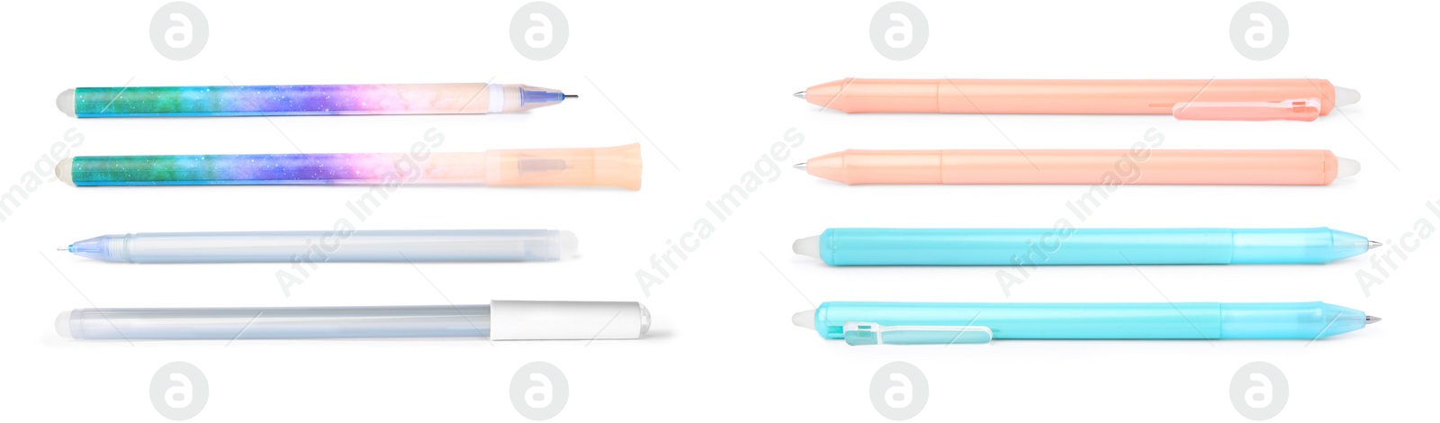 Image of Set of different colorful pens on white background