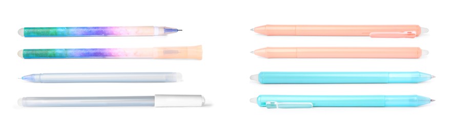 Image of Set of different colorful pens on white background