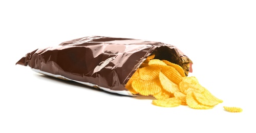 Bag with crispy potato chips on white background