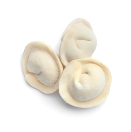 Photo of Frozen raw dumplings on white background, top view