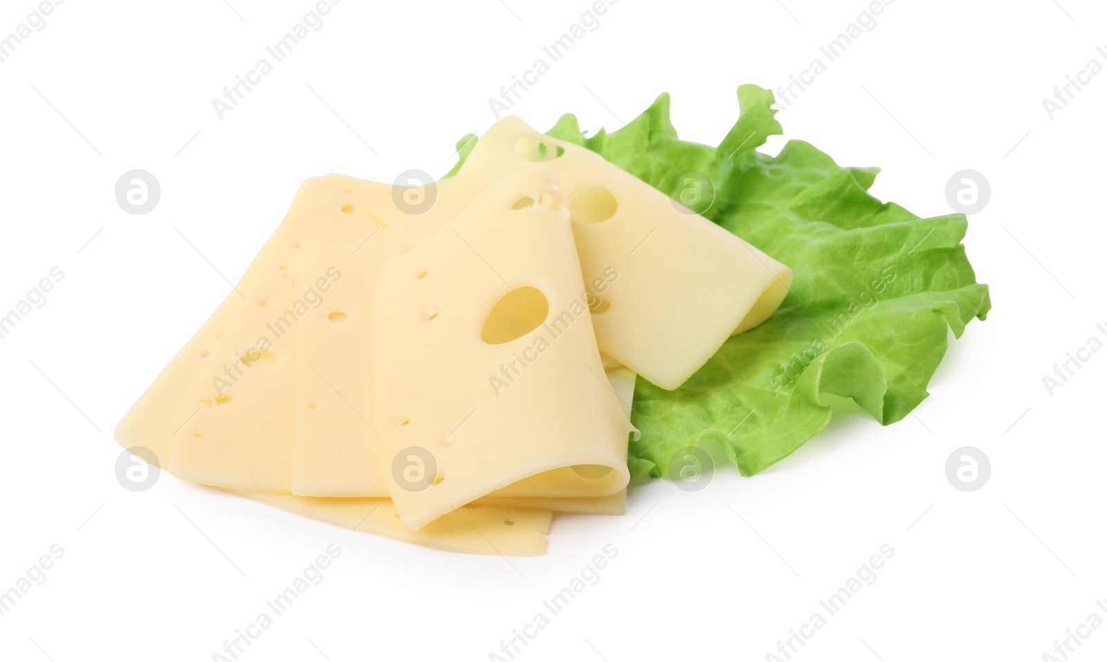 Photo of Slices of tasty fresh cheese and lettuce isolated on white