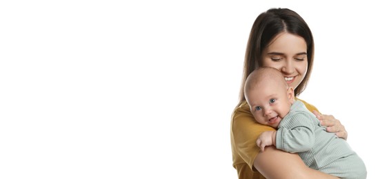 Beautiful mother with her cute baby on white background. Banner design 