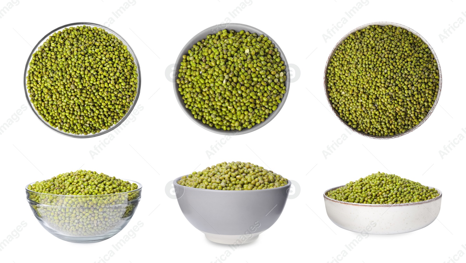 Image of Raw mung beans in bowls on white background, top and side views. Collage design